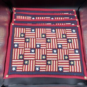 Patriotic Flag Stars Tapestry Placemat Stitched Patch Buttons ~ Set of 4 Holiday